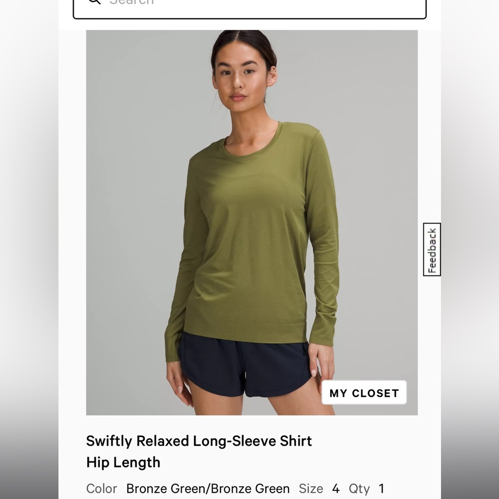 Lululemon Swiftly Relaxed Long Sleeve Shirt Hip Length - Bronze Green Sz 4
